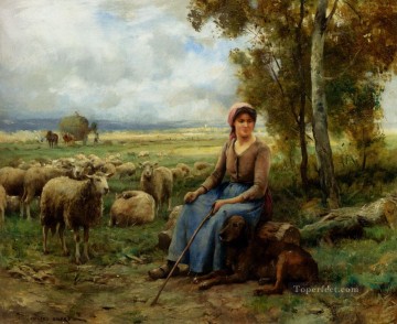 Julien Dupre Painting - Shepherdess Watching Over Her flock farm life Realism Julien Dupre